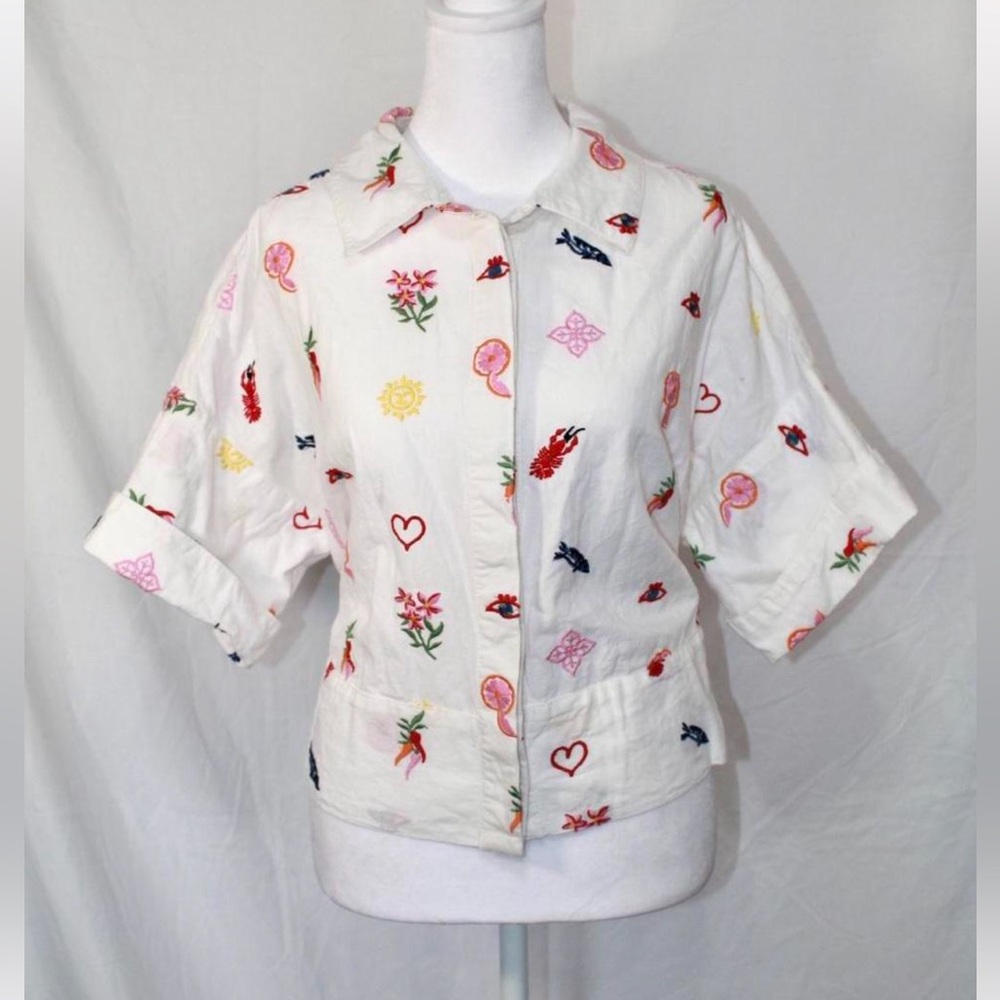 Caroline Constas White Embroidered Button-Front Blouse with Multicolor Motifs